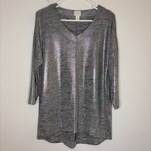 CHICO's Silver Metallic V-Neck Pull On Tunic Womens M Hi Lo 3/4 Slv Stretch